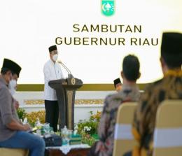 Gubri Syamsuar saat menyampaikan sambutan pada acara pertemuan Menteri Koordinator Bidang Perekonomian, Airlangga Hartarto. 